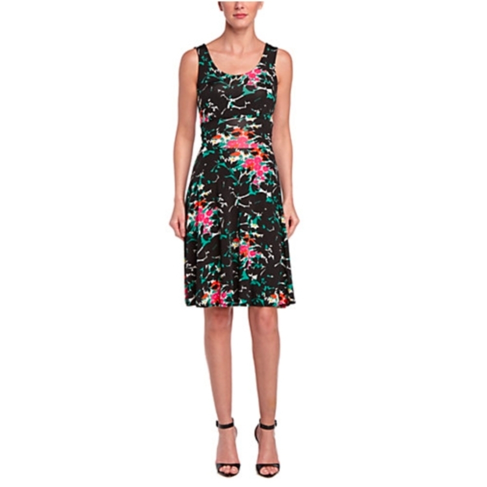 Leota Brittany Black and Pink Floral Midi Dress XS